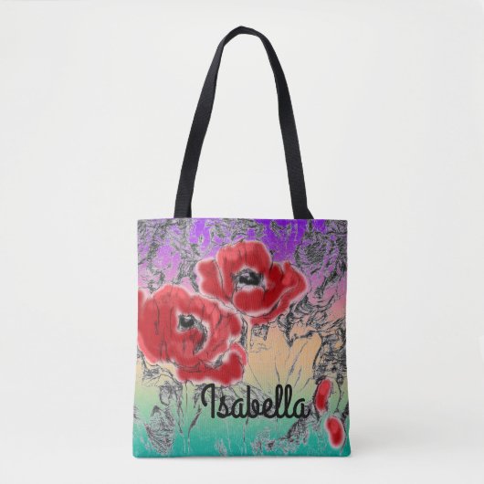 Grijze zwarte rode bloemen papaver tote bag (Voorkant)