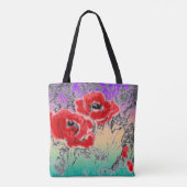 Grijze zwarte rode bloemen papaver tote bag (Achterkant)