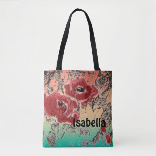 Grijze zwarte rode bloemen papaver tote bag