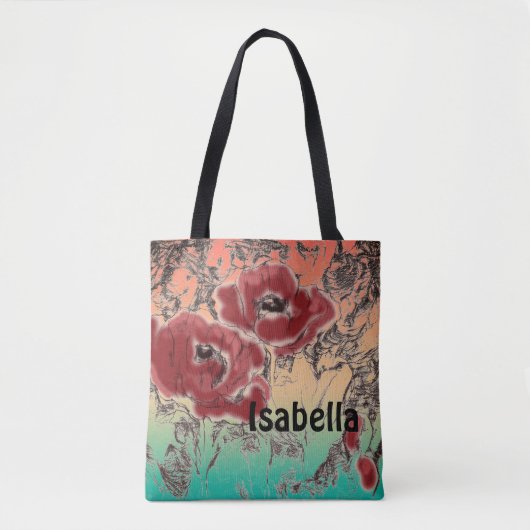 Grijze zwarte rode bloemen papaver tote bag (Voorkant)