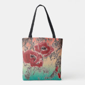 Grijze zwarte rode bloemen papaver tote bag (Achterkant)