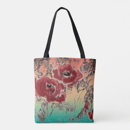 Grijze zwarte rode bloemen papaver tote bag (Achterkant)