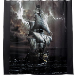 Grijze zwarte Stormy Rainy Lightning Night Pirate Douchegordijn