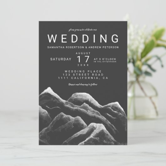 Grijze zwarte witte waterverf bergt bruiloft kaart (Staand voorkant)