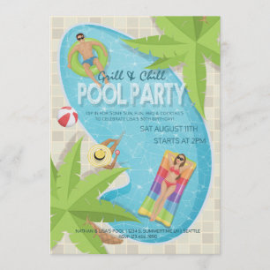 Grill and Chill Adult Birthday Pool Party Invite Kaart