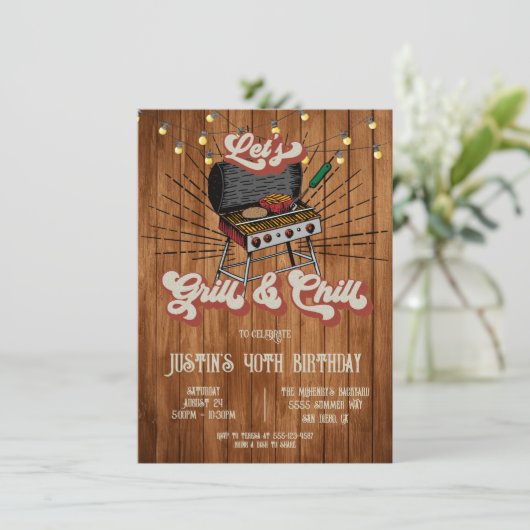 Grill and Chill BBQ Woodcut Retro Birthday Party Kaart (Staand voorkant)