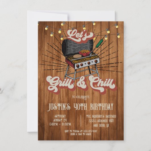 Grill and Chill BBQ Woodcut Retro Birthday Party Kaart (Voorkant)