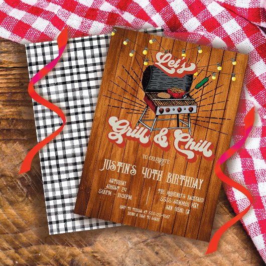 Grill and Chill BBQ Woodcut Retro Birthday Party Kaart