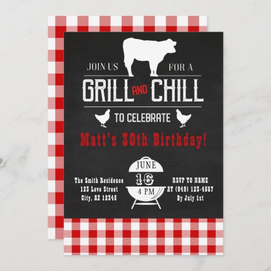 Grill & Chill BBQ BirthdayRustic Chalkboard Invite Kaart (Voorkant / Achterkant)