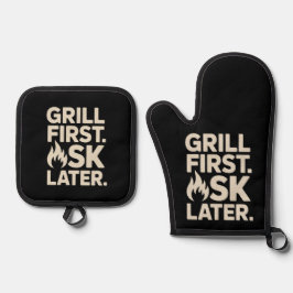 Grill Eerst Later Vraag BBQ Grill Vader Humor Ovenwant & Pannenlap Set