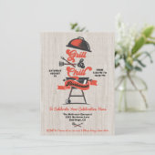 Grill en Chill Houtsnede Retro BBQ grill Feestje Kaart (Staand voorkant)