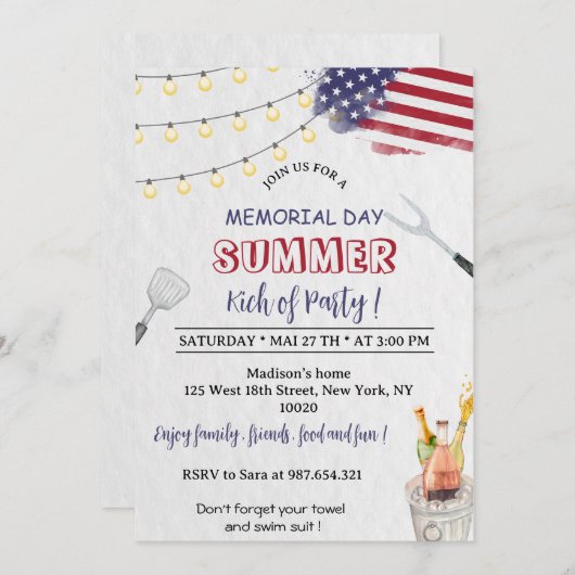 Grill en Chill Memorial Day Party uitnodiging (Voorkant / Achterkant)