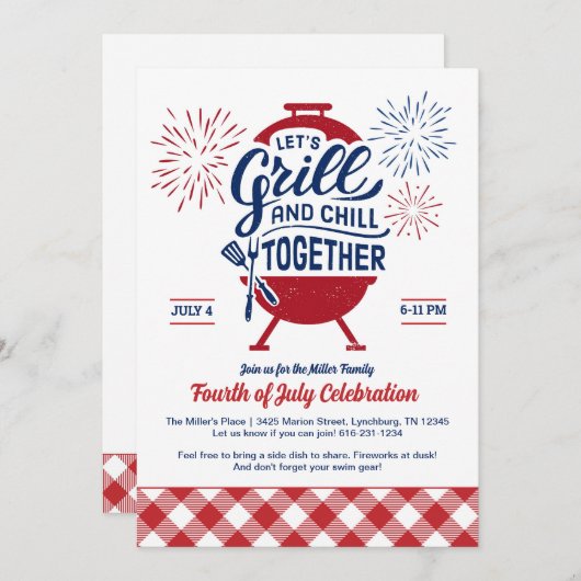 Grill en Chillen Vierde Juli BBQ Uitnodiging (Voorkant / Achterkant)