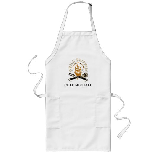 Grill Flippin Chef Custom Name Text Gepersonalisee Lang Schort (Voorkant)
