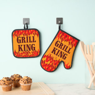 Grill King Rode Vlammen Cookout BBQ Spreuk Ovenwant & Pannenlap Set