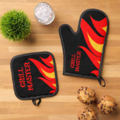 Grill Master BBQ vuur vlammen gepersonaliseerd Ovenwant & Pannenlap Set (Top down)