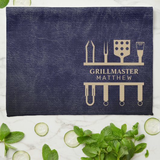 Grill master classic navy leder BBQ tools name Theedoek (Gevouwen)