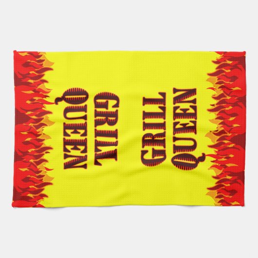 Grill Queen Rode Vlammen BBQ Gele Keukenhanddoek (Horizontaal)