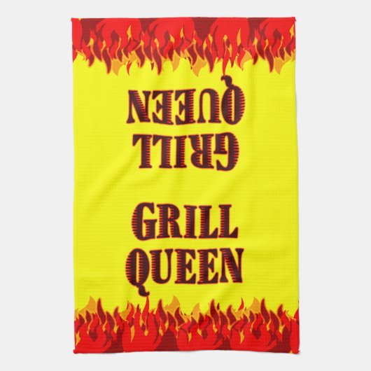 Grill Queen Rode Vlammen BBQ Gele Keukenhanddoek (Verticaal)