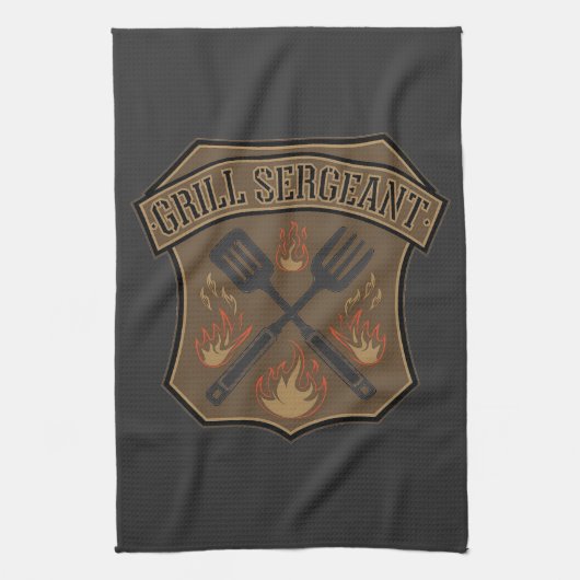 Grill Sergeant Badge Ontwerp met Spatel en Vork Theedoek (Verticaal)