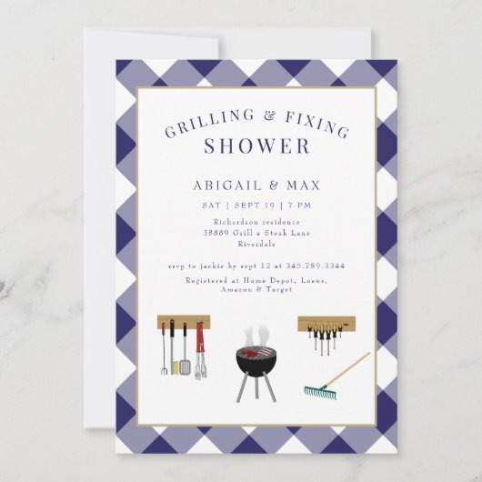 Grillen & Fixing Couples Blauwe Bruiloft Douche Kaart (Voorkant)