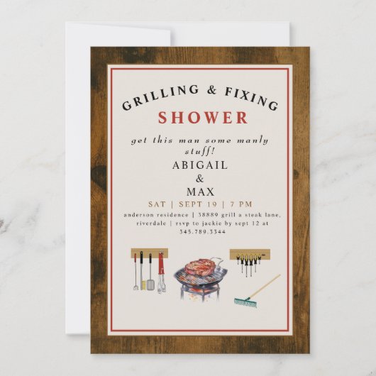 Grillen & Fixing Koppels Bruiloft Douche Hout Kaart (Voorkant)