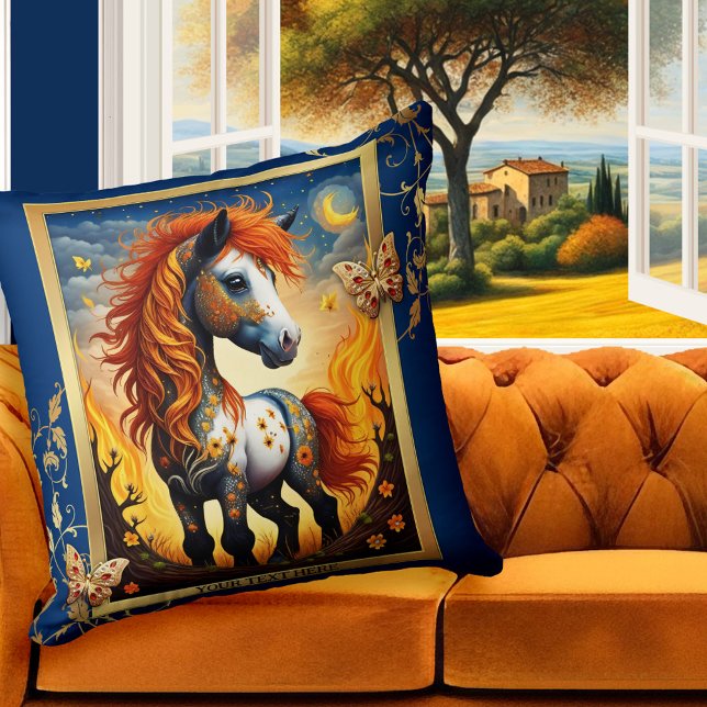 grillig artistiek paard kleurrijk dier kussen (Pillow featuring a whimsical painting of a colorful cute horse at night, with butterfly friends)
