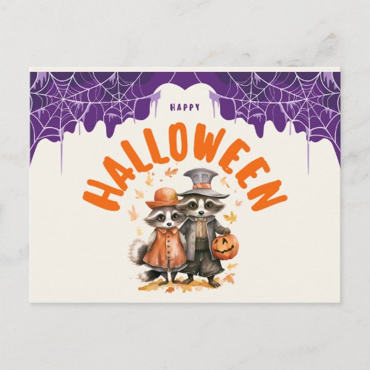 grillig gelukkig halloween wasbeer paar feestdagenkaart (Voorkant)