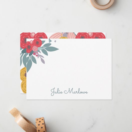 Grillig geschilderd Boho Floral Flat Note Kaart Notitiekaartje (Voorkant / Achterkant in situ)