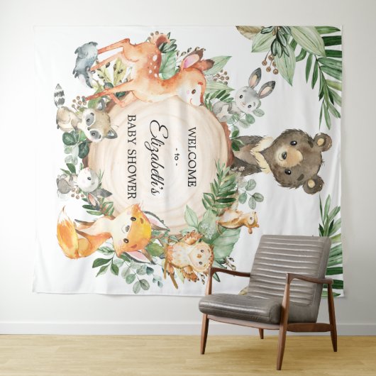 Grillig groen Woodland Baby Dieren Welkom Wandkleed (In Situ (horizontaal))