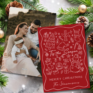 Grillig Hand Getekend Rood & Roze Foto Kerstmis Feestdagenkaart