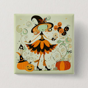 grillig/heks/pompoen/herfst vierkante button 5,1 cm