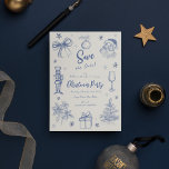grillig kerstfeest met een krabbel save the date<br><div class="desc">Ervaar de charme van weleer dit vakantieseizoen met ons kerstfeest Save the Date Cards. Het ontwerp combineert  allure met moderne creativiteit. De warme crème achtergrond versierd met speelse inktblauwe feestelijke illustraties en sterdoodles zet de perfecte toon voor een vrolijke goede tijd. Het handgeschreven script voegt een persoonlijk tintje toe.</div>