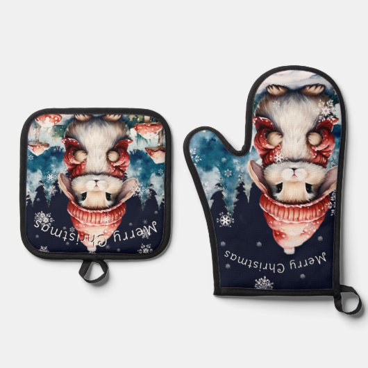 grillig kerstkonijn ovenwant & pannenlap set (Voorkant)
