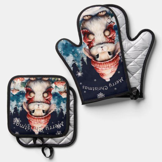 grillig kerstkonijn ovenwant & pannenlap set (Voorkant / Achterkant)