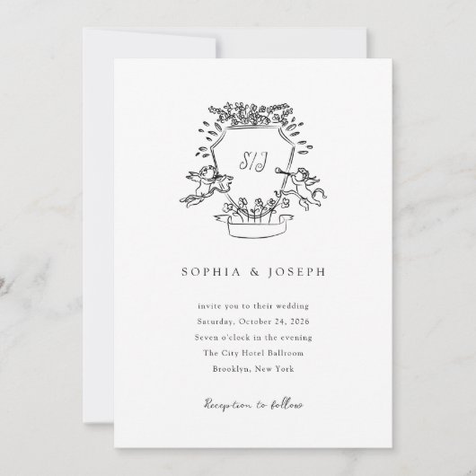 grillig kuif | Monogram Zwart-wit bruiloft Kaart (Voorkant)