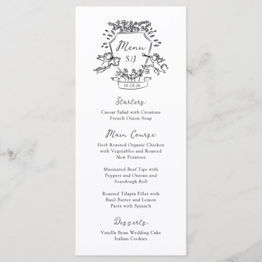 grillig kuif | Monogram Zwart-wit bruiloft Menu (Voorkant)