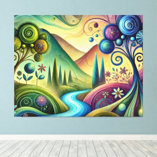 Grillig landschap met wervelende bomen en rivier canvas afdruk (Insitu (Houten vloer))