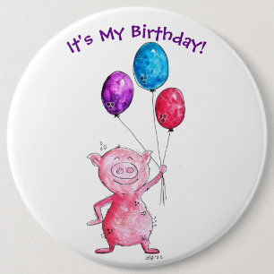 Grillig Roze Varken met Ballonnen Ronde Button 6,0 Cm