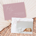 grillig stoffig Roos dank je wel Baby Aankondiging<br><div class="desc">Introductie van onze grillige stoffige roos dank u baby aankondiging kaart, ideaal voor uw eenvoudige moderne boho voorjaar of zomerfeest! Deze kaart heeft een blozende, luchtige, boho-chique sfeer met elegante kalligrafie en een delicaat minimalistisch ontwerp, waardoor het ideaal is voor meisjes. Bovendien is het bewerkbaar, zodat u uw eigen stijlvolle,...</div>