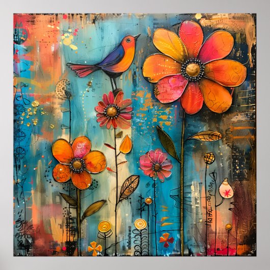 GRILLIG VOGEL- EN BLOEMIG POSTER (Voorkant)