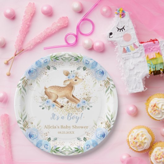 grillig zoet hert blauw bloemig Baby shower Papieren Bordje (Feest)