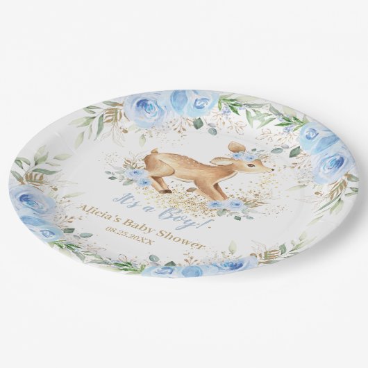 grillig zoet hert blauw bloemig Baby shower Papieren Bordje (Gekanteld)