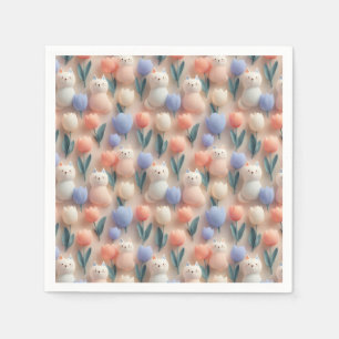 Grillige 3D kat en tulp naadloos patroon Servet