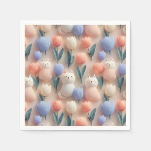 Grillige 3D kat en tulp naadloos patroon Servet