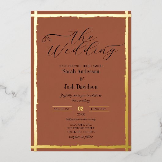 Grillige Aarde-getinte Terracota Gold bruiloft Folie Uitnodiging (Voorkant)
