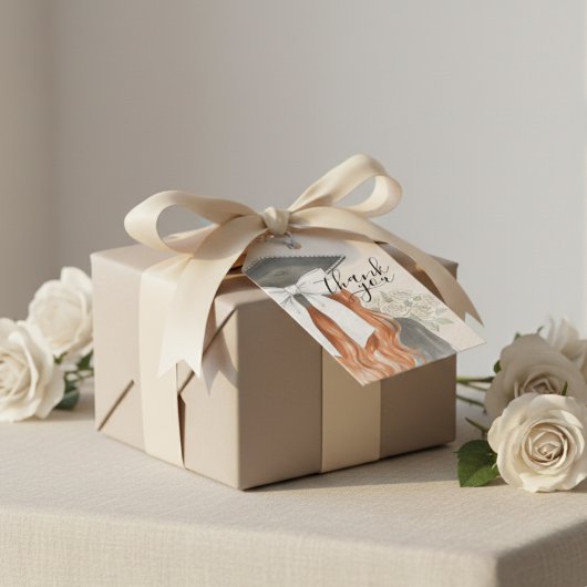 Grillige afstudeerhoed met strik en parels script cadeaulabel