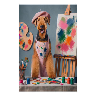 Grillige airedale-terriër die werkt als kunstenaar perfect poster