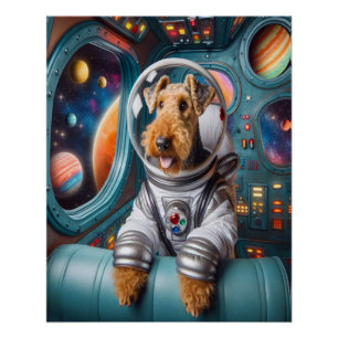 Grillige airedale-terriër werkt als astronaut perfect poster