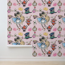 Grillige Alice Theepartij Roze Strepen Behang